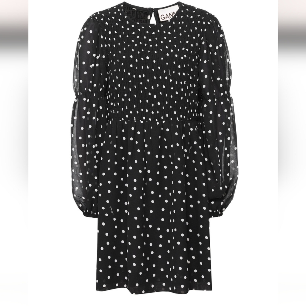 Ganni Black and White Polka Dot Long Sleeve Dress - Picture 5 of 11